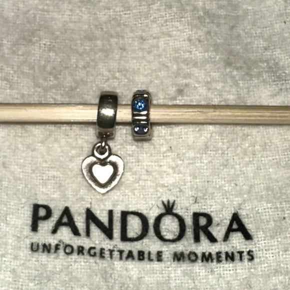 (2) Authentic Pandora Charm Spacers Blue CZ Stones Dangle Heart Sliver 925 ALE - Picture 2 of 7